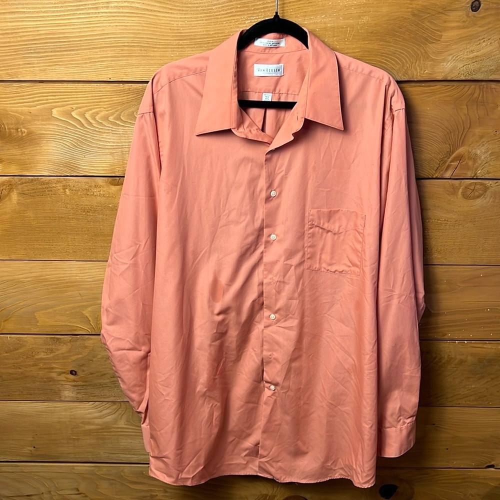 Van Heusen Poplin Mens Coral Button-Up Shirt 17 1/2 37/38 Tall Ling Sleeve Event